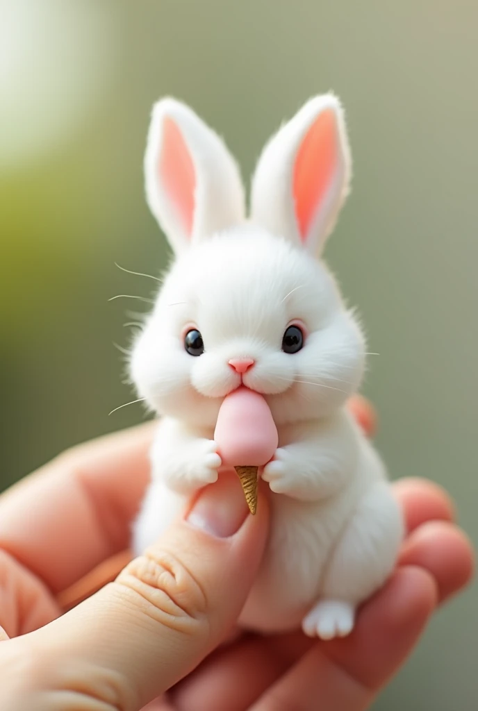  Pinch a little bunny with your finger ， Little Minzis body is the size of a nail cover ，White furry， It holds a small object similar to ice cream in its mouth。Natural background blurry ， to highlight the cute image of Little Minzi 。