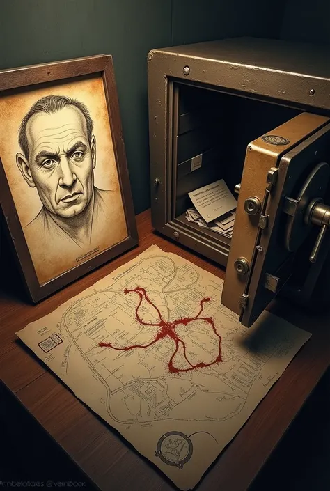  show a map of a railway route marked with danger points and an open safe with papers, clues, and the drawing of Moriartys partially burned face .  Use metallic and dark tones to create an atmosphere of tension and mystery .