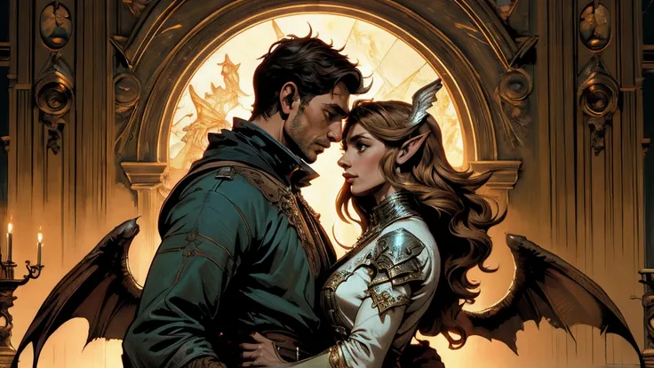 (cuerpo completo), (Arte de Alfons Mucha & Zack Snyder) A side view of a couple gazing into each others eyes, the man with short horns, short hair and demon wings have medieval clothes of a court, the woman as an elf with long brown hair, they are at a bal...