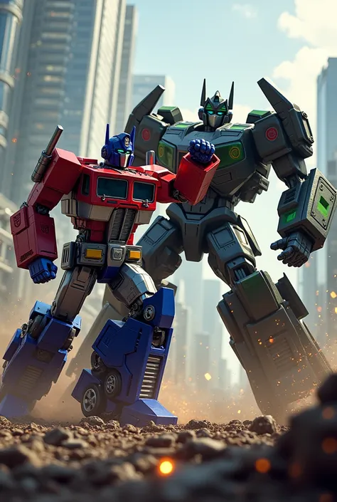 Optimus Prime fighting a black and green robot