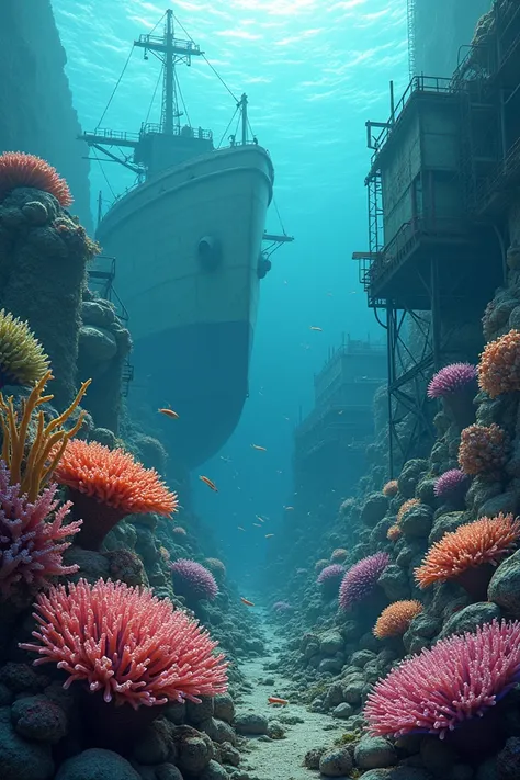 create me an image natural disasters that have coral as a main subject and rubbish as a side subject with industrial ship