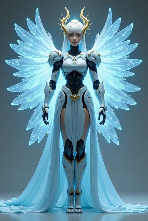  Isis — The Robot Goddess of Magic and Motherhood 
"A robot with white and sky blue armor decorated with holographic wings that unfold like shiny feathers.  Her crown has a solar disc between two horns , radiating healing energy .  She carries an amphora t...