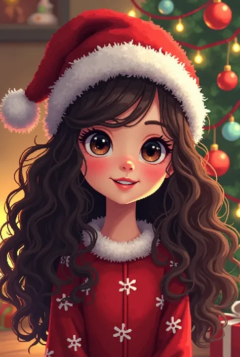 I want in pixel art ,  A young white girl ,  with curly hair , very dark brown, very long ,  below the shoulders , dark brown eyes too,  in a Christmas setting ,  wearing Christmas pajamas ,  and a Santa Claus hat ,  the image doesnt show the entire body ....