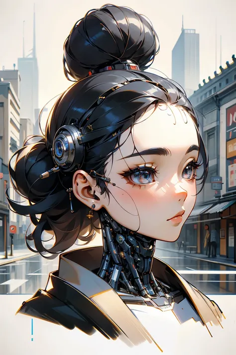 An autoportrait of 00173R, a Franco-Japanese-American female character, aged 20. She has an elegant and dynamic appearance, reflecting a blend of Parisian elegance, New York boldness, and Japanese finesse. The portrait should show her with cybernetic featu...