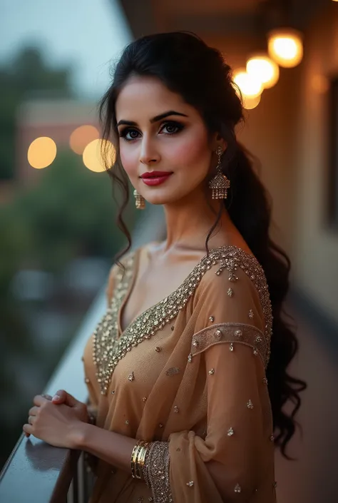 Image is a portrait-style photograph featuring a woman with medium brown skin and long, dark hair styled in a loose ponytail. She is wearing a dark, shimmering saree with intricate beadwork and a matching blouse, which has a deep neckline. Her makeup is bo...