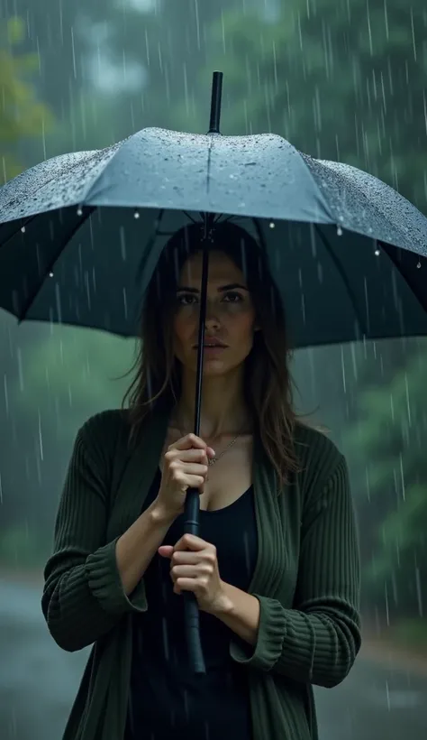  An individual holding an umbrella in the midst of a storm,  but remaining firm .  Raindrops represent adversity ,  while the umbrella symbolizes protection and resilience . The persons face displays determination .