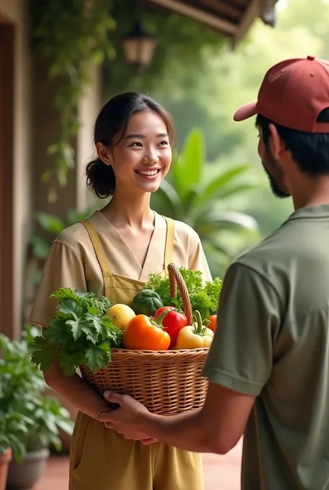 A vegetable basket in the hand of a smiling woman who the delivery man 