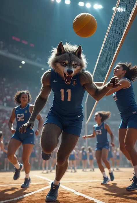  Create image of a team of volleyball players, three werewolves and a werewolf wearing blue uniforms