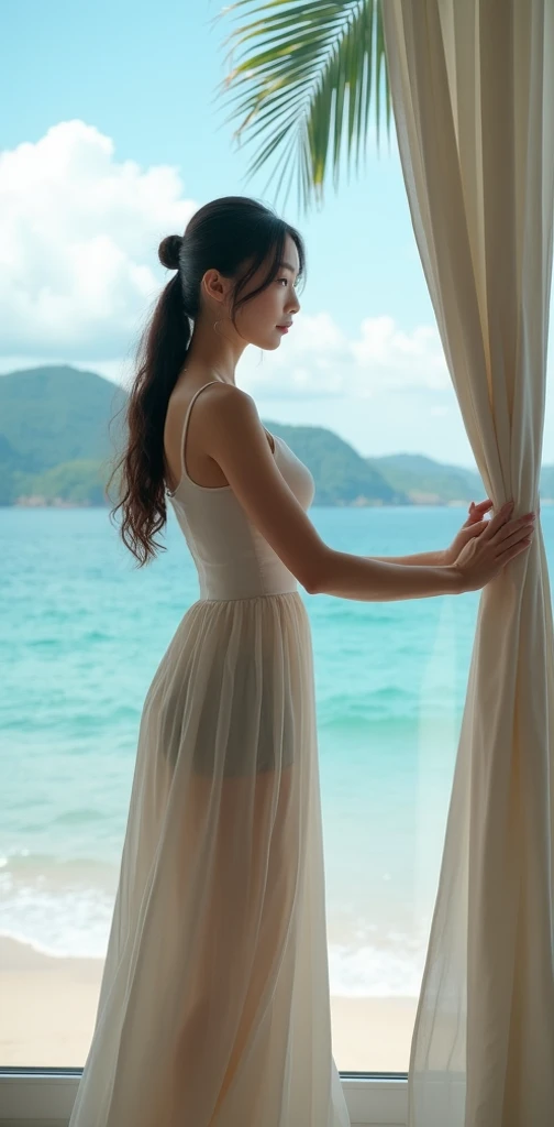 looking  at viewer,Imagine a serene scene where a woman stands gracefully by a large window, holding a delicate curtain in her hand. The curtain gently sways with the breeze, revealing a breathtaking view of the vast ocean . beach,mountain,coconut tree,The...