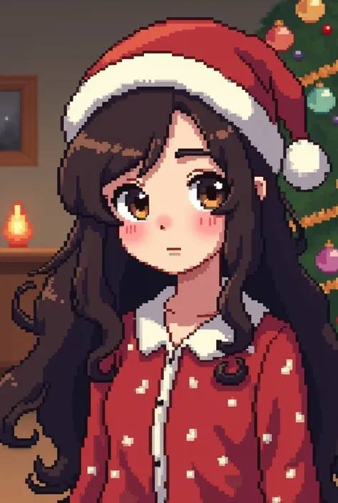 I want in pixel art , A young white adult,  with curly hair , very dark brown, very long ,  below the shoulders , dark brown eyes too,  in a Christmas setting ,  wearing Christmas pajamas ,  and a Santa Claus hat ,  the image doesnt show the entire body . ...