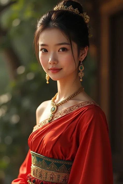  A young woman dressed in traditional Thai outfit is inspired by the fashion from the late Ayutthaya period (1707–1767 CE). The ensemble features a single-shoulder blouse in a rich red tone with fine pleating, paired with a patterned silk sarong that showc...