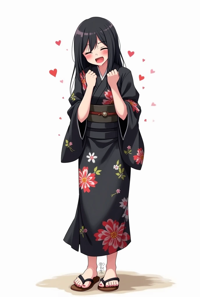 Anime adolescent woman with black yukata with flowers and getas and with pink and fur nails on her front full body, full white background with her fists on her chest and with emotions of worry and fear and sadness and begging and with tears and opening her...