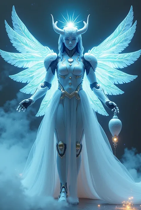  Realistic cinematic visual of a robot Isis — The Robot Goddess of Magic and Motherhood ,  A robot with white and sky blue armor decorated with holographic wings that unfold like shiny feathers.  Her crown has a solar disc between two horns , radiating hea...