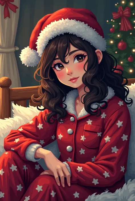 Eu quero em Pixel art, A young white adult,  with curly hair , very dark brown, very long ,  below the shoulders , dark brown eyes too,  in a Christmas setting ,  wearing Christmas pajamas ,  and a Santa Claus hat ,  the image doesnt show the entire body ....