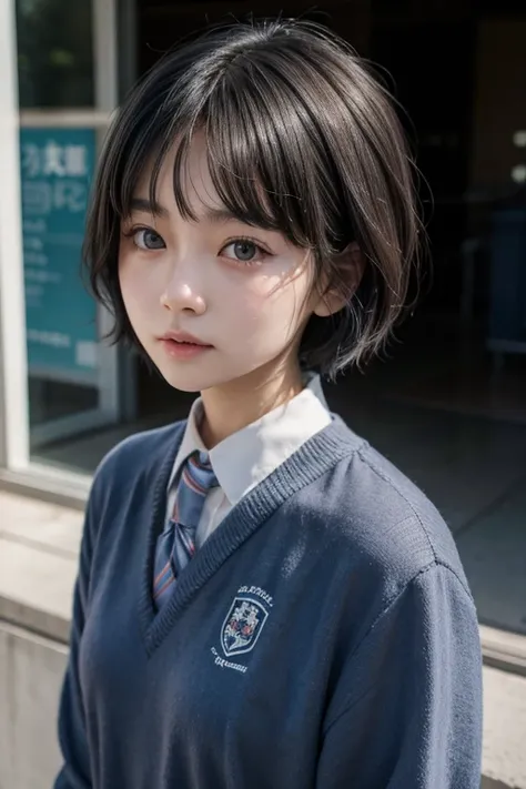 1 Japanese girl, short blue hair , gray eyes ,  looking at the spectator,  wearing a school uniform,in front of a school 