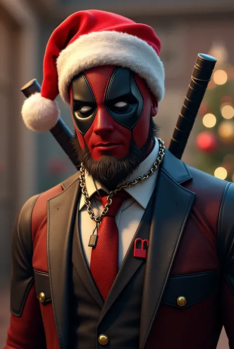  Deadpool with padlock beard,  long hair tied in braids ,  dressed in a suit and tie . Y Christmas hat .

Elimanel padlock and chain.
