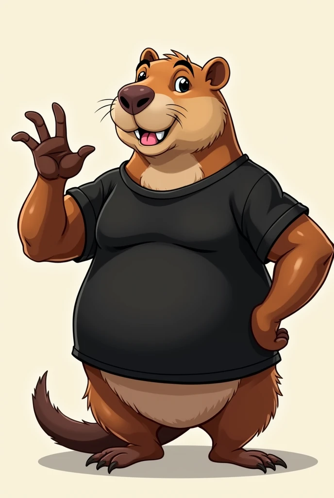 Muscular capybara wearing a black shirt making a sign with her thumb and little finger and smiling