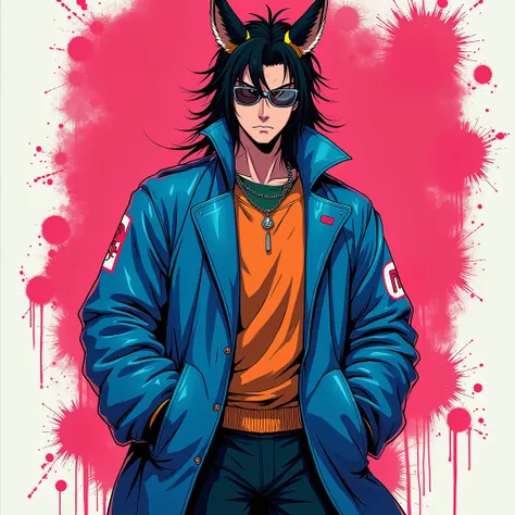 A Yamato no Orochi and posing  in your pockets in graffiti style, with bright and strong colors with a dynamic pose,  representing urban Wearing Jacket over blue coat  , portrait , minimalism, bold colors, blood splash highly stylized and well detailed ani...