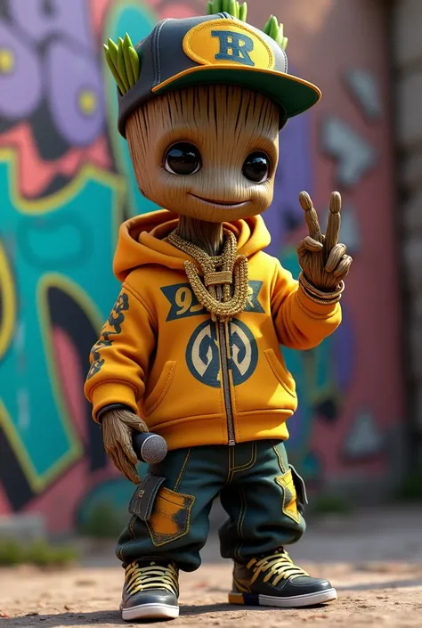 Baby Groot, vêtu comme un rappeur, arbore un style audacieux et extravagant. Il porte une casquette snapback inclinée, un hoodie oversize avec des motifs graphiques percutants, un pantalon baggy et des baskets de créateur. Un lourd collier en or scintille ...