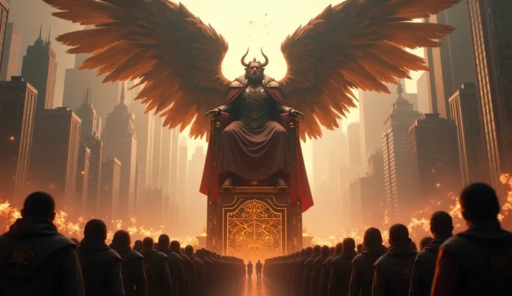  LUCIFER IN A CITY SITTING ON A WALKING THRONE, HELD BY PEOPLE WHO WORSHIP 