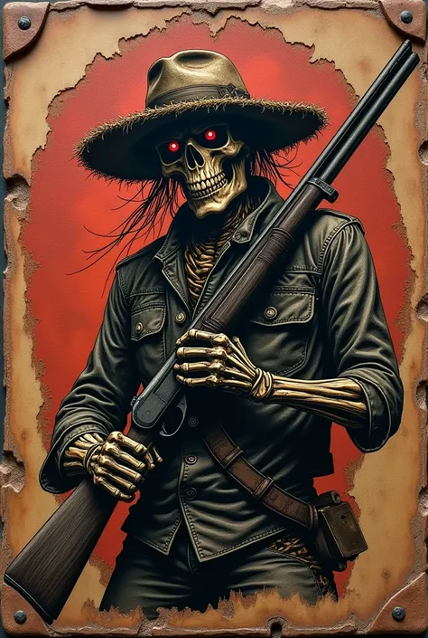 I want you to make me a MC type of logo with a skeleton scarecrow wearing his straw hat looking straight holding a half shotgun in his left arm looking straight and a wooden stick on his right arm looking forward wearing old clothes ( take examples of sons...