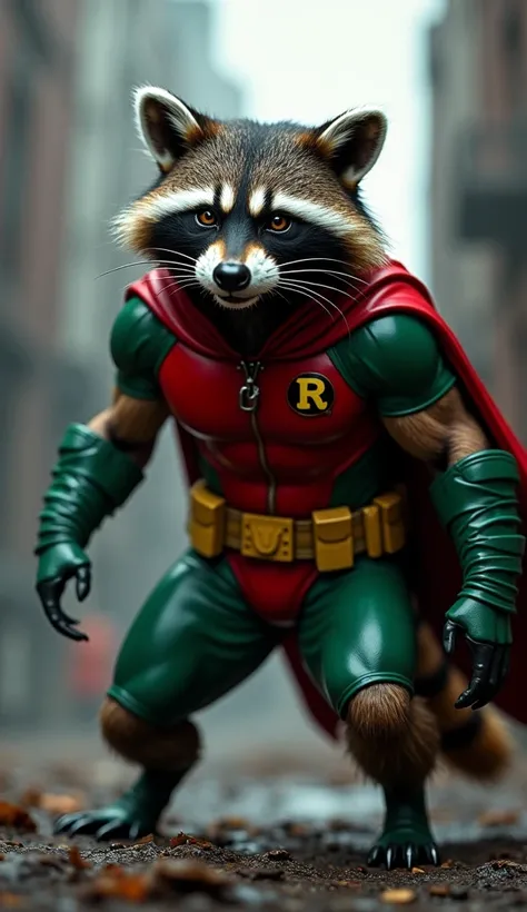 Robin DC in the shape of a wild raccoon with wild black mask 