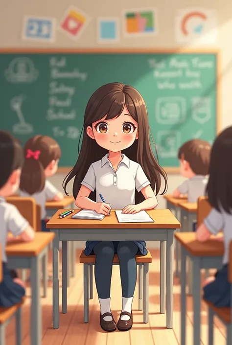 A cute cartoon character of an  girl with long hair wearing modest school clothes and long pants and sitting in class with her friends looking at her teacher