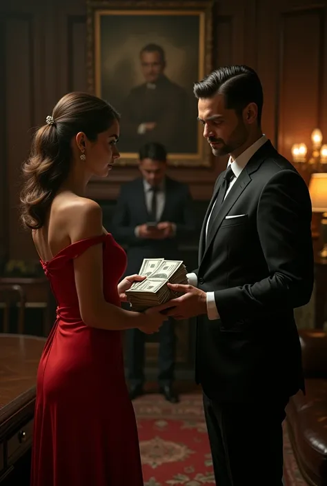 You have a woman chatting with a man in his office at night in the form of a mafia-style business, but the young woman in the red dress and the woman receiving three bundles of 100,000 dollar bills.