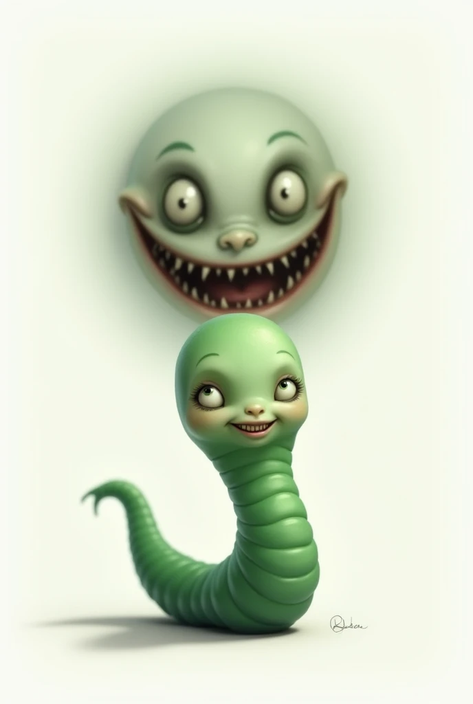 Create a green worm with a tender face, white background with an evil face.