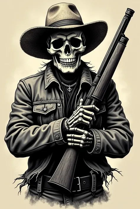 I want you to make me a MC type of logo with a skeleton scarecrow wearing his scarecrows straw hat looking straight holding a half shotgun in his left arm looking straight and a wooden stick on his right arm looking forward wearing old clothes ( take examp...