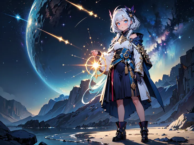 (((masterpiece, best quality, high detailed, 16k))) (1girl) A mystical alchemist with shimmering silver hair, her robes decorated with intricate constellations and star charts. Her eyes glow with the light of distant stars, and she manipulates glowing vial...