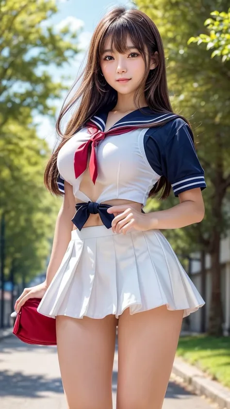  Masterpiece , best quality, very detailed, kampala,( realistic ,photo  realistic :1.37),(cowboy shooting:1.2),(Thighs:1.4),  excellent anatomy, beautiful Japanese woman ,  serious high school girl ,  but the skirt is very short ,(middle),(well-proportion:...