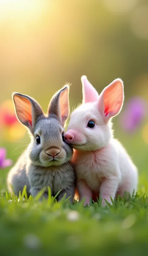  Create an ultra realistic image of a baby rabbit and a puppy of Little piggy together, with their entire bodies showing.  The baby rabbit has a soft coat , of light gray color ,  with big fluffy ears and bright eyes ,  conveying a feeling of softness and ...