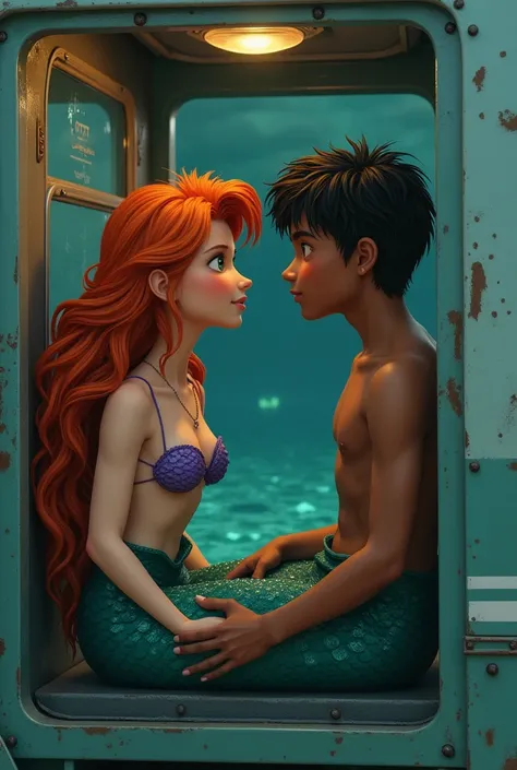  make me an image of a young mermaid named Selma:  green eyes,  dark skin and orange hair ;  and a young man named Pedro :  black eyes black hair and white skin . Both talking ,  inside the platform of a truck 