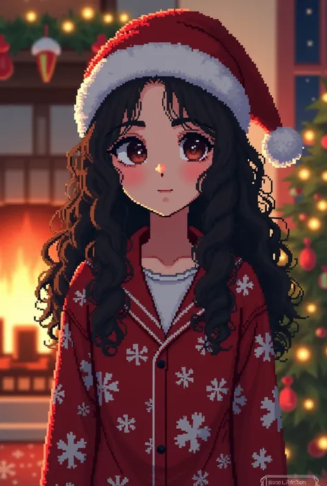 Eu quero em Pixel art, A young white adult,  with curly hair , very dark brown, very long , below the waist, dark brown eyes too,  in a Christmas setting ,  wearing Christmas pajamas ,  and a Santa Claus hat ,  the image doesnt show the entire body . Eu qu...