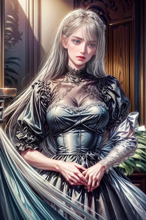   Robot girl with human appearance, with long silver hair, light blue eyes in a maid dress, in love with a beautiful woman with long black hair in a barista dress., cafe , ผู้หญิงTwo people, Lesbian couple,  bright voice , เสื้อผ้าmodern, modern, cafe back...