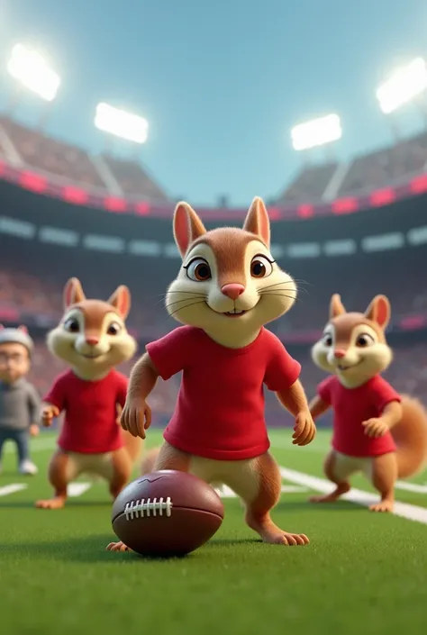 3d squirrel equipment
They all wear red t-shirts 
They have an American football with a stadium background
Add a coach in a gray sweater that says Coach 
For s