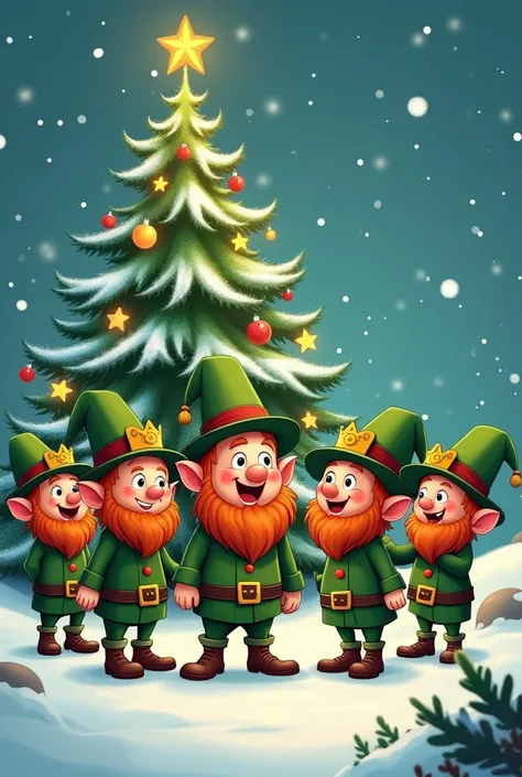 Leprechauns in a cartoon
 With a crown at Christmas and with white snow 