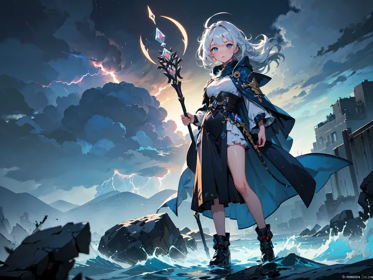 (((masterpiece, best quality, high detailed, 16k))) (1girl) A celestial goddess with long flowing silver hair that blends into stormy winds. Her piercing blue eyes glow like the depths of the night sky. She wears robes of swirling clouds, laced with golden...