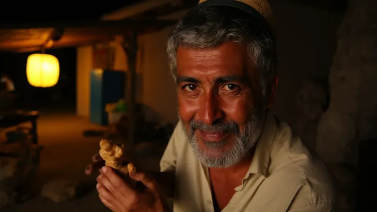 A close-up of a 68-year-old man named José, with an oval face deeply marked by wrinkles and sun-weathered skin. His short, disheveled gray hair glows faintly under the moonlight, and his kind light brown eyes shine with quiet wisdom. The rugged texture of ...