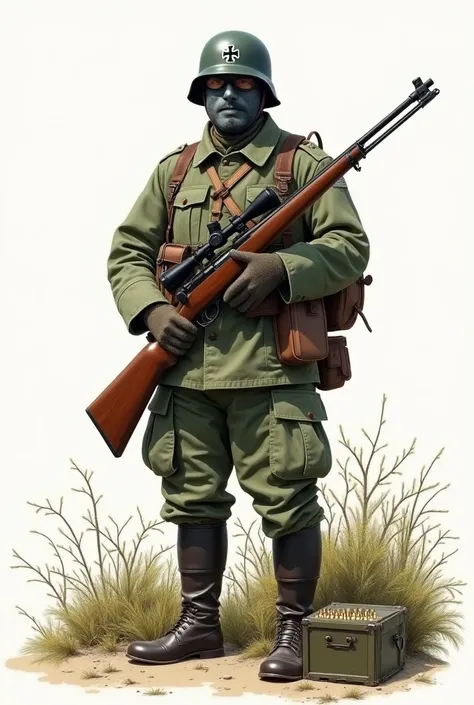  Drawing of a German soldier standing  .Flat iron mask .  High precision rifle with scope. Camouflaged green uniform .  Prussian pointed helmet with iron cross .  Ground with bushes . pointed helmet .  World War I .  Ammunition box on the floor .  Suspende...