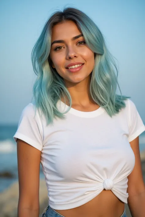 A realistic full-length portrait of a Caucasian woman with sun-kissed skin that exudes Mediterranean warmth and energy. Her hair is light blue, in a soft pastel tone, falling in delicate waves that frame her face. She has:
Medium forehead, slightly rounded...