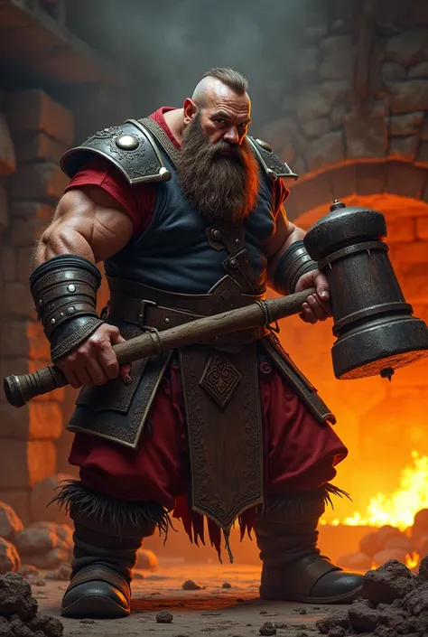 Dwarf Blacksmith in black and red outfit wielding a massive hammer in a hot forge , zoom in portrait