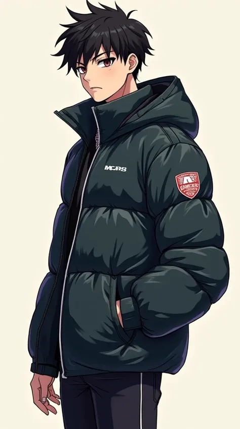  Japanese man、20 years old、Aggressive type、naughty 、standing collar のダウンジャケット、tightなダウンジャケット、tight、 athletes、 shiny down jacket、Full body illustration、 manly、Cool and sporty 、 down jacket collar standing、 shinyダウンジャケット、Clothes Pichi Pichi、muscle、Mischievou...