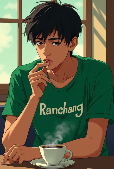  A handsome young Japanese man wearing a green T-shirt with the word RANCHANG was sitting relaxed, a cigarette in hand and a cup of coffee on the table 