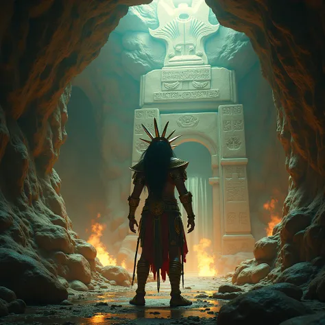 God Huitzilopochtli characterized as a human for video game , finding a portal that leads him to a magical cave with evil mythological creatures 