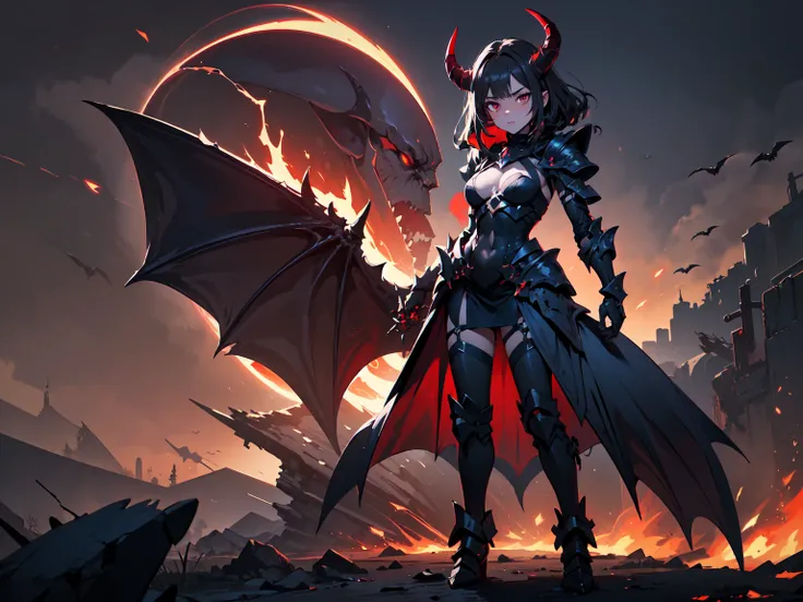 (((masterpiece, best quality, high detailed, 16k))) (1girl) A fearsome, half-human, half-demon female with enormous, sharp, bat-like wings. Her body is covered in protruding spikes, and six curved horns sit harmoniously upon her head. Her demonic armor is ...