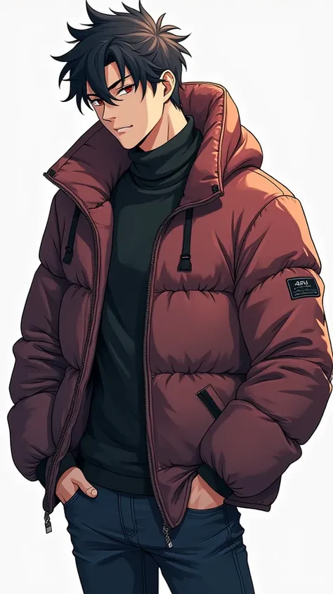  Japanese man、20 years old、Aggressive type、naughty 、standing collar のダウンジャケット、tightなダウンジャケット、tight、 athletes、 shiny down jacket、Full body illustration、 manly、Cool and sporty 、 down jacket collar standing、 shinyダウンジャケット、Clothes Pichi Pichi、muscle、Mischievou...