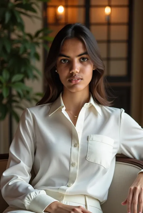 Make the person in the picture wear a classy white shirt with a beautiful background inside a classy house sitting on a chair close to the screen

