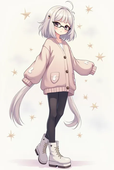 A girl With a soft colored cardigan, with a few star clips on it, black leggings, and some white platform boots, with some more star clips on them, Medium length hair, with a long rectriz, wears glasses, and has black eyes,